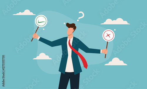 Businessman in a suit holding a check mark and x symbol. Great for decisionmaking, business concepts