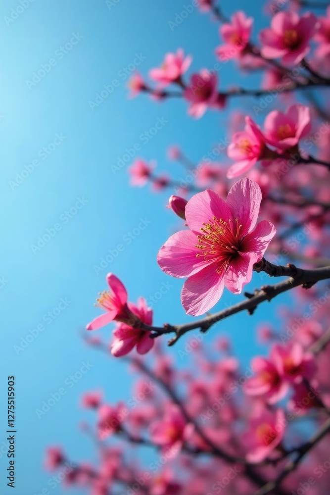 Colorful bloom on branches against clear blue sky, blossom, maroon, nature Colorful bloom on branches against clear blue sky, blossom, maroon, nature