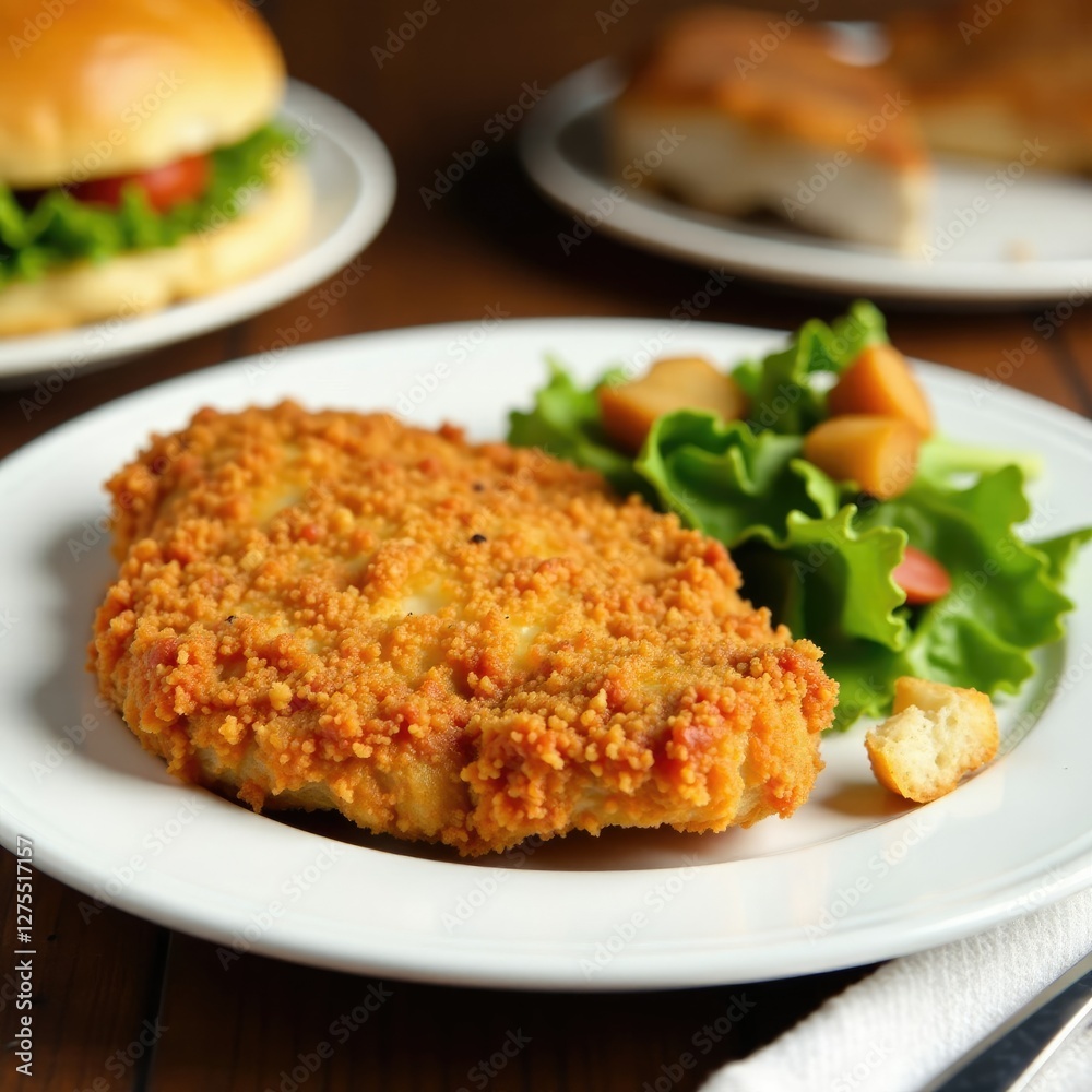 Crispy fried chicken chop with wilted mixed greens and croutons, crispy, sandwich, table Crispy fried chicken chop with wilted mixed greens and croutons, crispy, sandwich, table