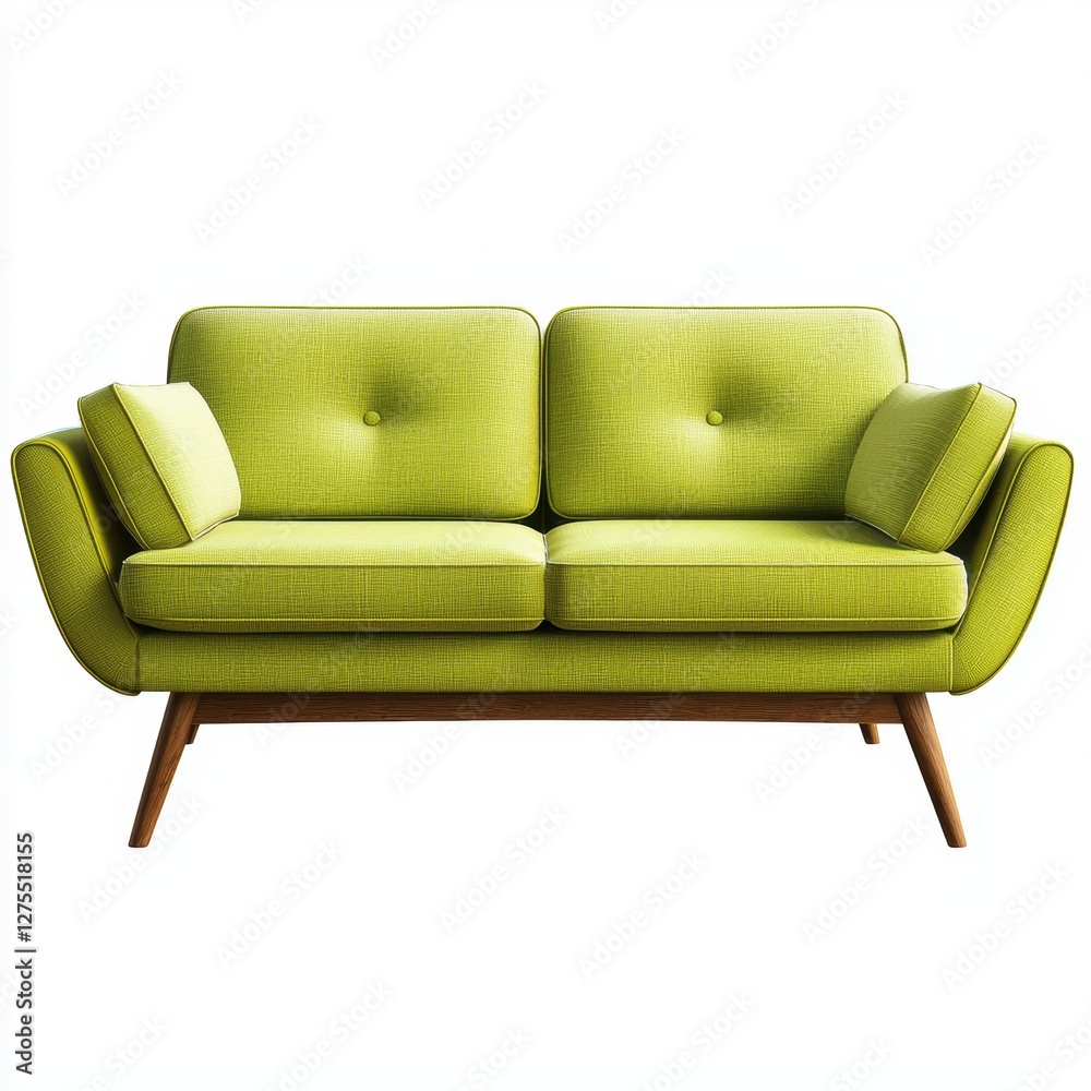 Fototapeta premium Neon green mid-century modern sofa with sleek wooden legs isolated on white