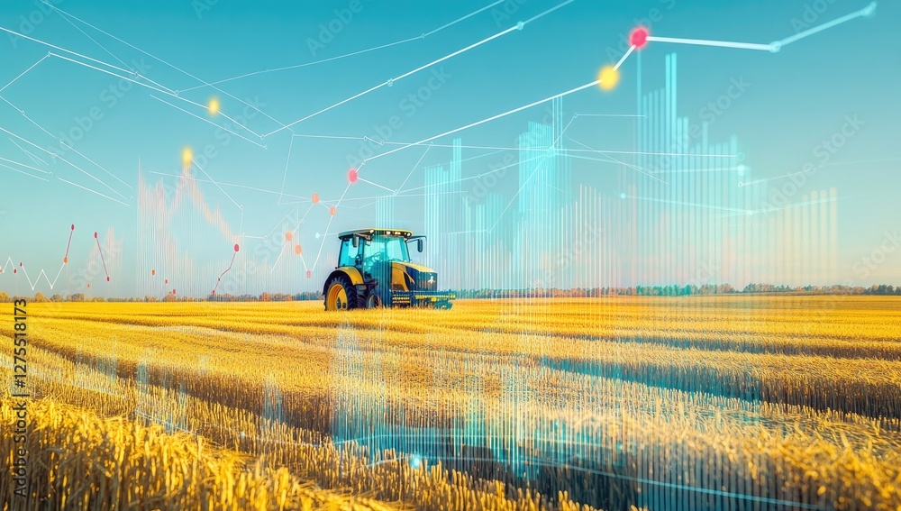Fototapeta premium Smart Farm Tractor in Golden Field with Data Overlay