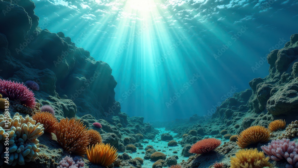 Obraz premium Underwater coral reef canyon with sunlight rays and diverse marine life 
