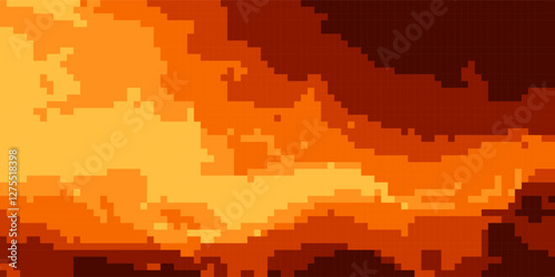 Game pixel fire bg in retro 8 bit style. Gradient background with square pattern of hot lava or burning sunset