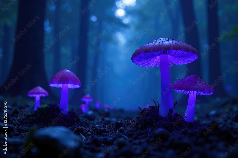 Fototapeta premium Dark, misty forest with glowing purple-blue fungi, soft light, mystical