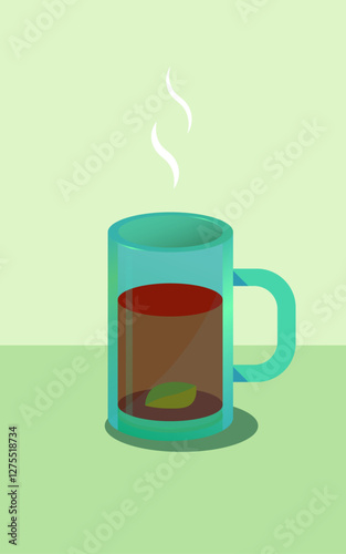 Tea cup with mint leaf. Green color background and wallpaper poster vector illustration