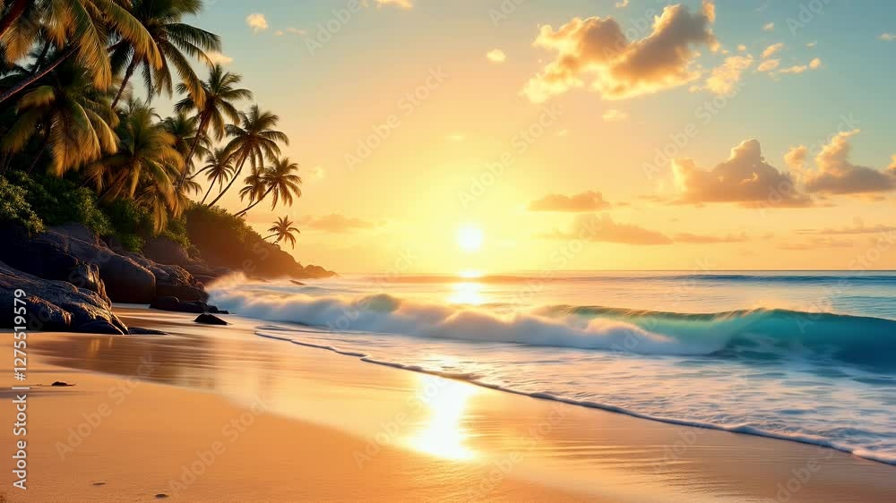 A serene beach scene at sunset with gentle waves and palm trees. A serene beach scene at sunset with gentle waves and palm trees.