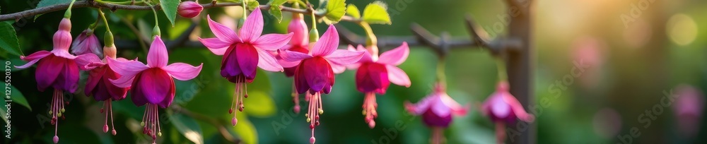 Fototapeta premium Delicate pink and purple fuchsia flowers blooming on a trellis, FLORAL, fLOWER, VERDANT