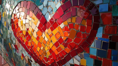 Colorful Mosaic Heart Art in Vibrant Ceramic Tiles on Wall