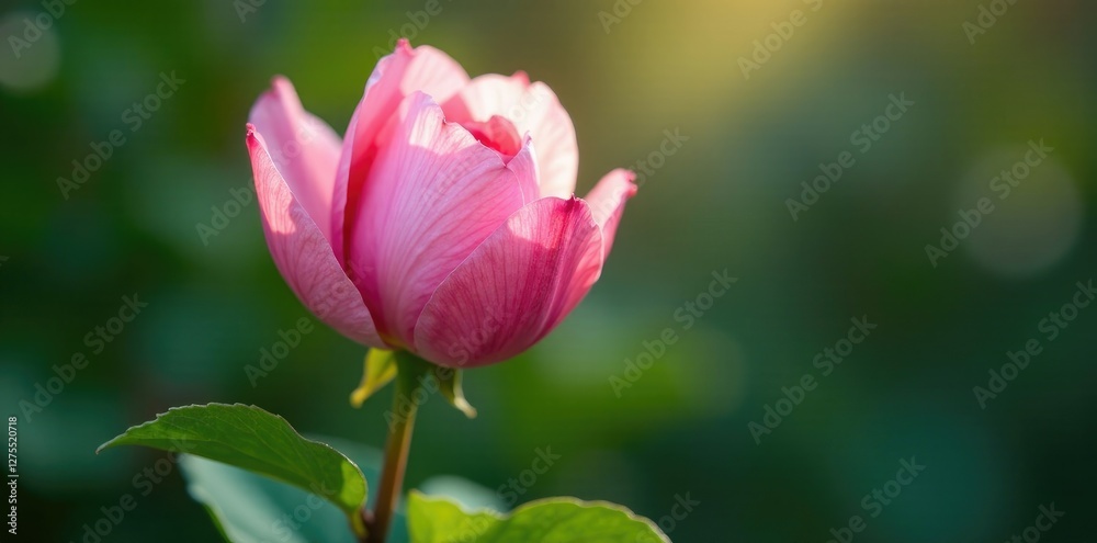 Delicate pink petals unfolding on a stem with glossy green leaves, blooming, blossom, pink bloom Delicate pink petals unfolding on a stem with glossy green leaves, blooming, blossom, pink bloom