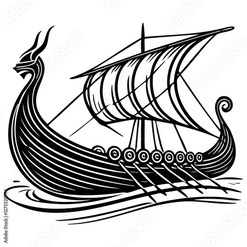 Viking Longship with Sail and Oars Line Art