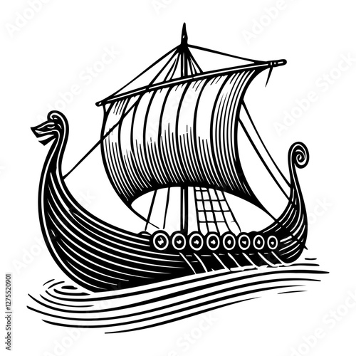 Viking Longship with Sail and Shields Line Art