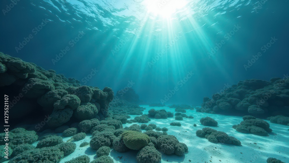 Fototapeta premium Sunlight filtering through clear ocean water illuminating sandy seabed