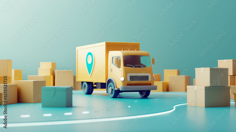 3D Illustration of a Yellow Delivery Truck with Packages. 3D Illustration of a Yellow Delivery Truck with Packages.