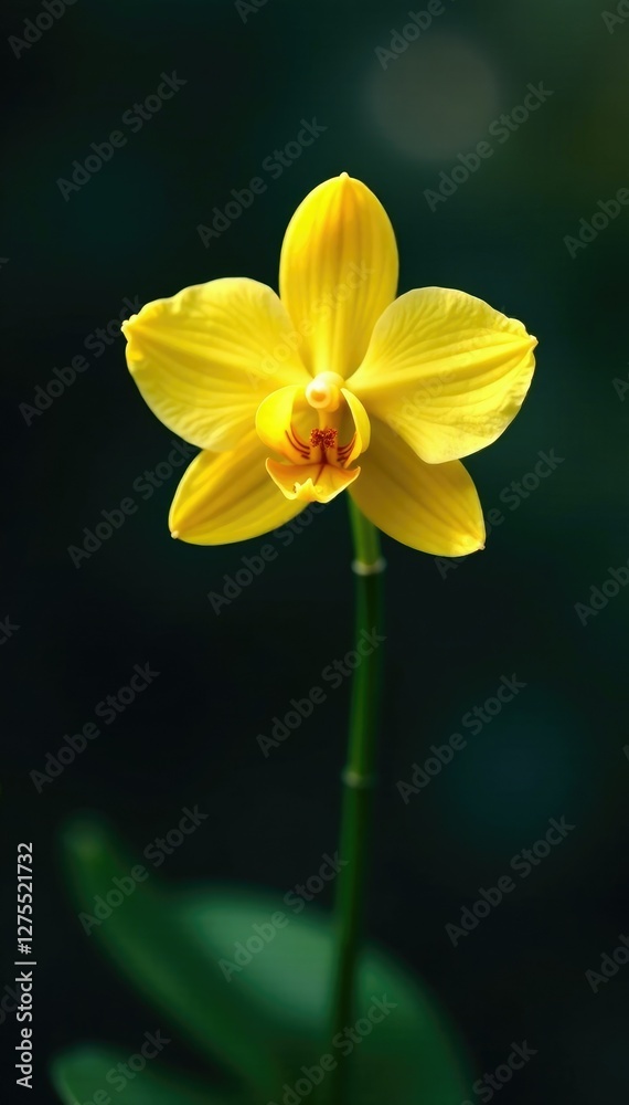 Fototapeta premium Delicate yellow orchid blooms in the darkness, solitary bloom, delicate petals