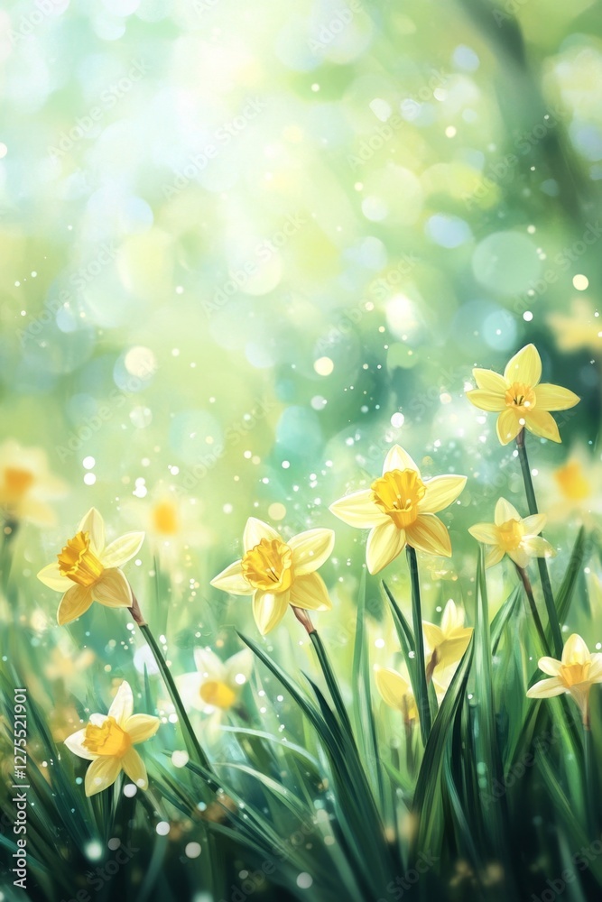 Spring Daffodils Blooming in Sunny Garden Spring Daffodils Blooming in Sunny Garden