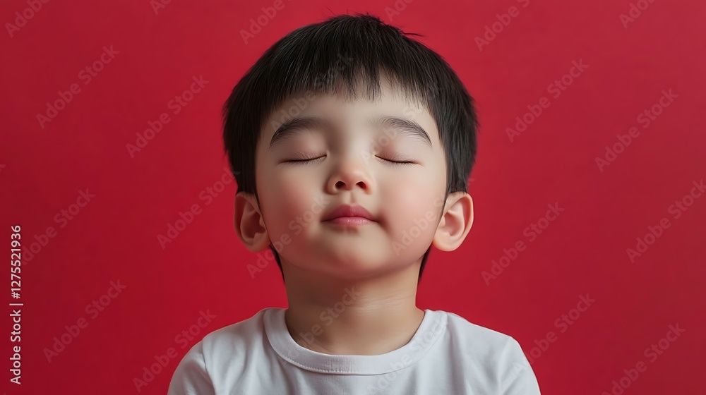A cute Asian child with Mongoloid facial features meditating against a solid-colored background. A cute Asian child with Mongoloid facial features meditating against a solid-colored background.