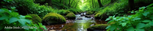 Dense foliage surrounds a serene forest stream, forest floor, environment, nature