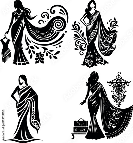 Fashion saree logo design with women figure template or clothing logo design illustration, Generative Ai.
