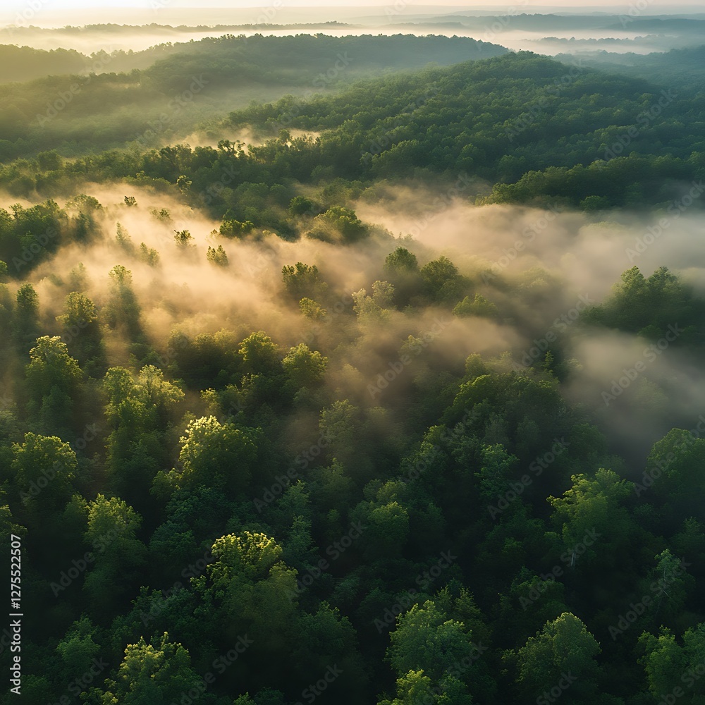Sunrise mist over forest, aerial view Sunrise mist over forest, aerial view