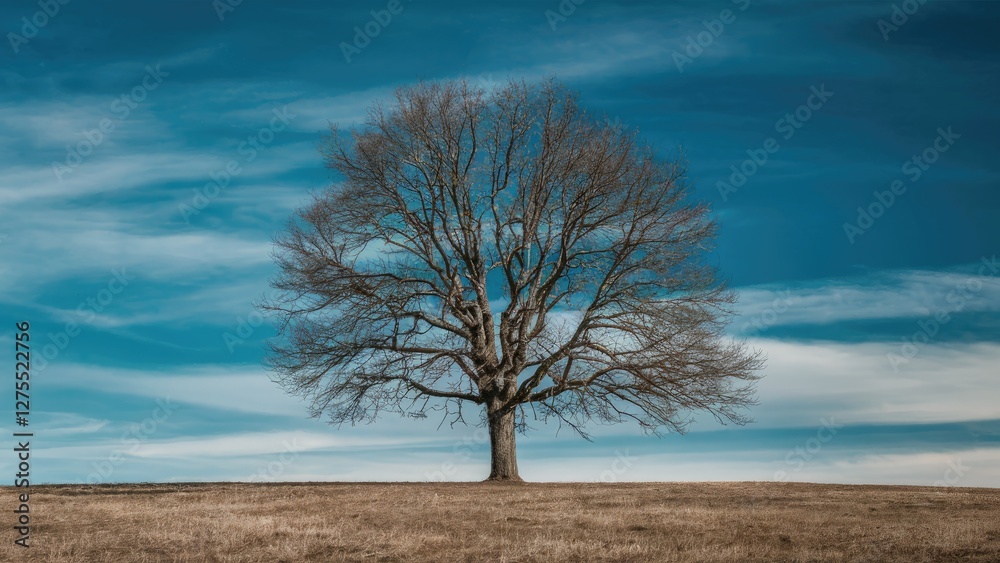 Lonely barren tree prominently centered on a grassy hill with stunning blue sky and wispy clouds in the background, evoking solitude and tranquility. Lonely barren tree prominently centered on a grassy hill with stunning blue sky and wispy clouds in the background, evoking solitude and tranquility.