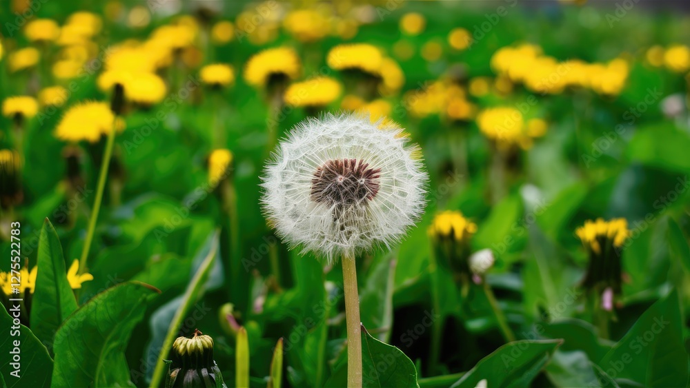 Dandelion puff standing tall in a lush green meadow surrounded by vibrant yellow flowers under clear blue sky in soft natural light Dandelion puff standing tall in a lush green meadow surrounded by vibrant yellow flowers under clear blue sky in soft natural light