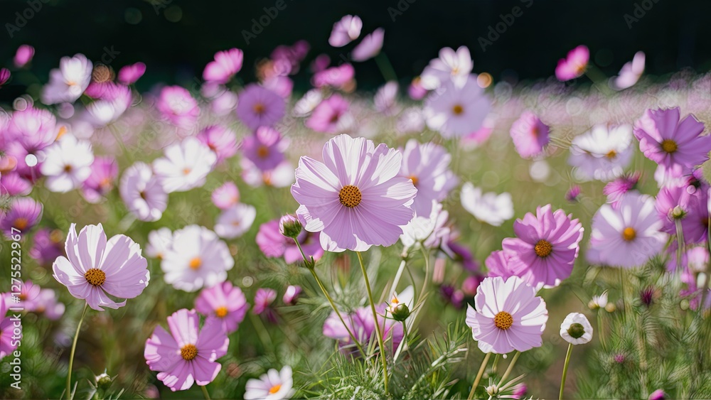 Vibrant field of cosmos flowers with pink and white petals in sharp focus, set against a softly blurred green background, capturing natural beauty. Vibrant field of cosmos flowers with pink and white petals in sharp focus, set against a softly blurred green background, capturing natural beauty.