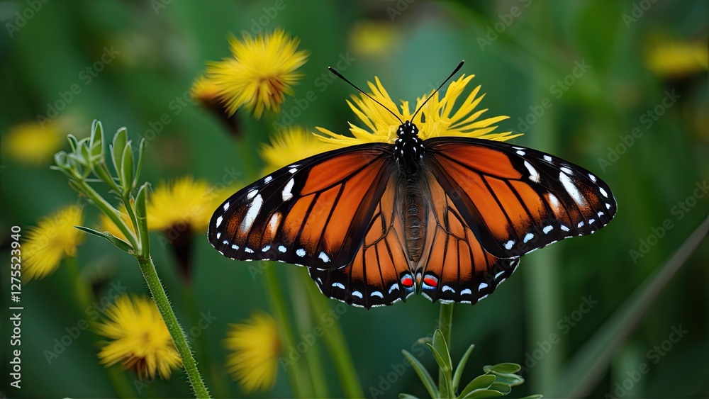 Vibrant butterfly with orange and black wings perched on bright yellow flower surrounded by lush green foliage showcasing nature's beauty Vibrant butterfly with orange and black wings perched on bright yellow flower surrounded by lush green foliage showcasing nature's beauty