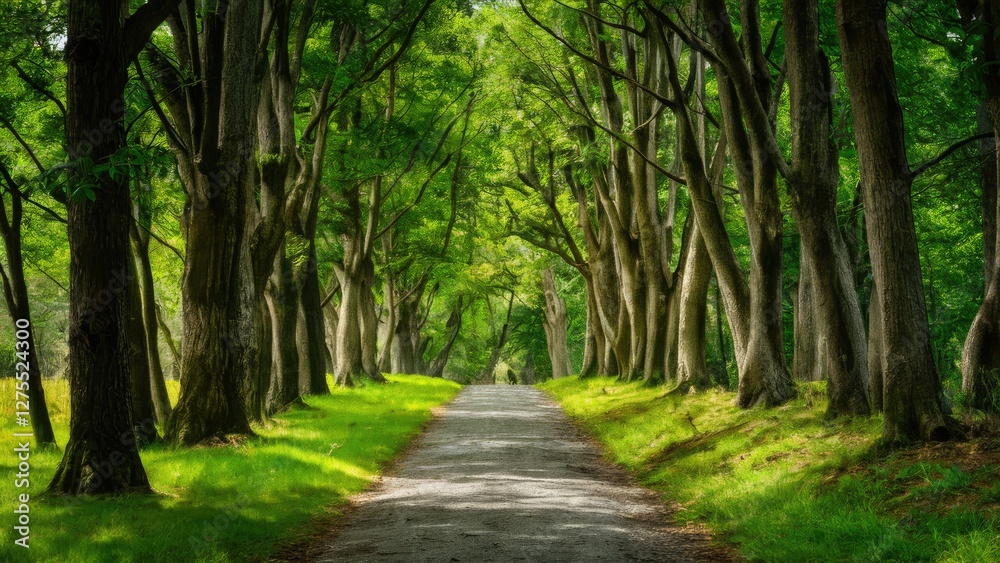 Lush green tree-lined pathway bordered by vibrant grass under a bright blue sky depicting natural tranquility and serene outdoor ambiance. Lush green tree-lined pathway bordered by vibrant grass under a bright blue sky depicting natural tranquility and serene outdoor ambiance.