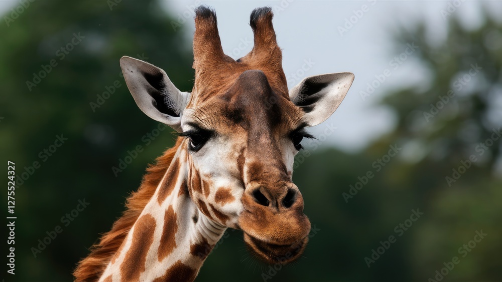 Giraffe head close-up with brown and cream patterns against a blurred green background showcasing large expressive eyes and prominent ossicones. Giraffe head close-up with brown and cream patterns against a blurred green background showcasing large expressive eyes and prominent ossicones.
