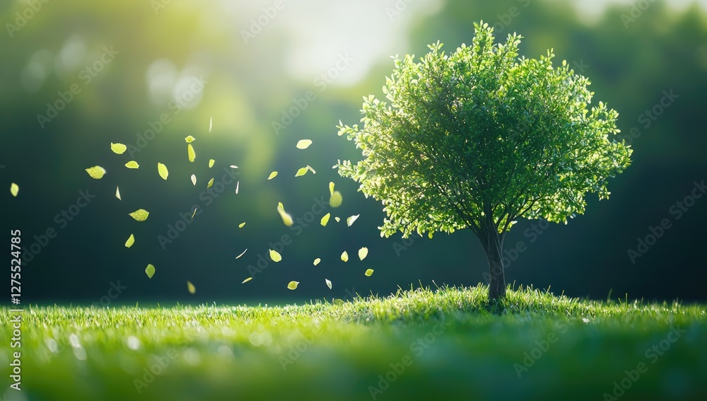 Spring Tree on Grass with Falling Leaves Spring Tree on Grass with Falling Leaves