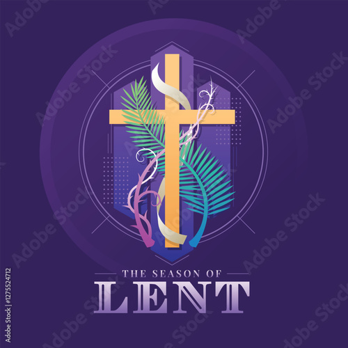 The season of Lent - Gold cross crucifix with palm leaves thorns and white long cloth cross around in circle ring frame on dark purple background vector design