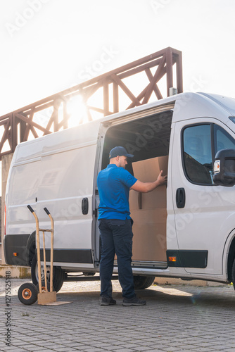 Delivery driver loading boxes into van for shipment. Delivery driver concept in a van. Man in blue uniform loading boxes into a delivery vehicle, representing logistics and shipping.