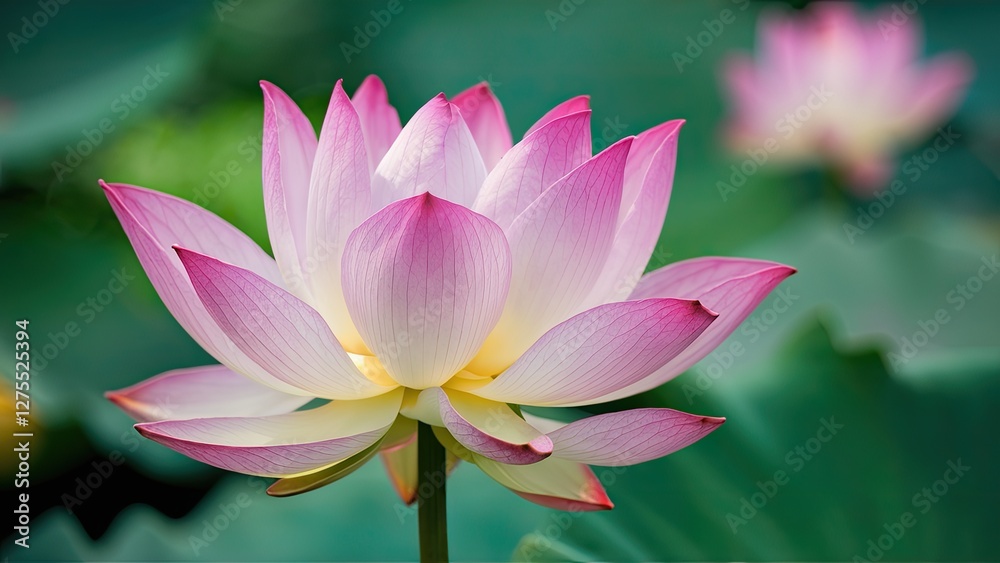 Delicate pink lotus flower in sharp focus with soft green leaves in the background creating a serene aquatic atmosphere and dreamy blurred effect Delicate pink lotus flower in sharp focus with soft green leaves in the background creating a serene aquatic atmosphere and dreamy blurred effect