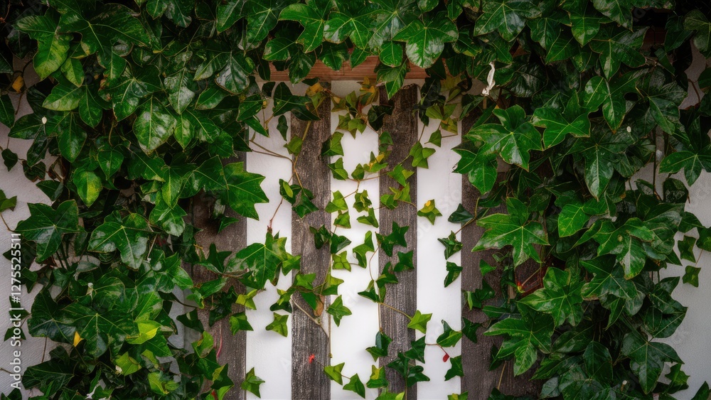 Lush green ivy climbing over a rustic wooden trellis with a white background creating a vibrant contrast of colors and textures in a serene environment Lush green ivy climbing over a rustic wooden trellis with a white background creating a vibrant contrast of colors and textures in a serene environment