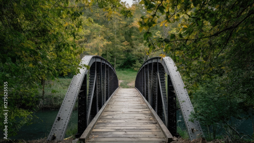 Obraz premium Vintage bridge with rustic metal arches surrounded by lush green trees and serene water, creating a peaceful natural setting.