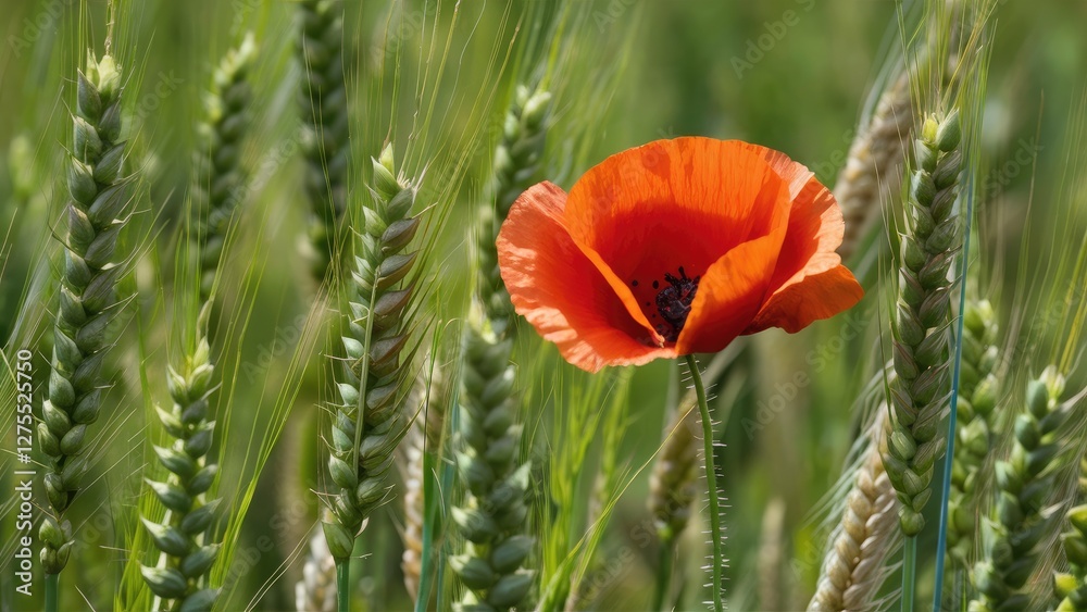 Naklejka premium Vibrant orange poppy stands tall among lush green wheat spikelets in a sunlit field creating a striking contrast of colors and textures.