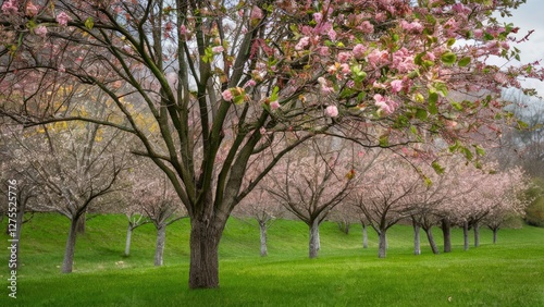 Blossoming birdcherry trees in vibrant pink and white flowers surrounded by lush green grass in a serene spring landscape. photo