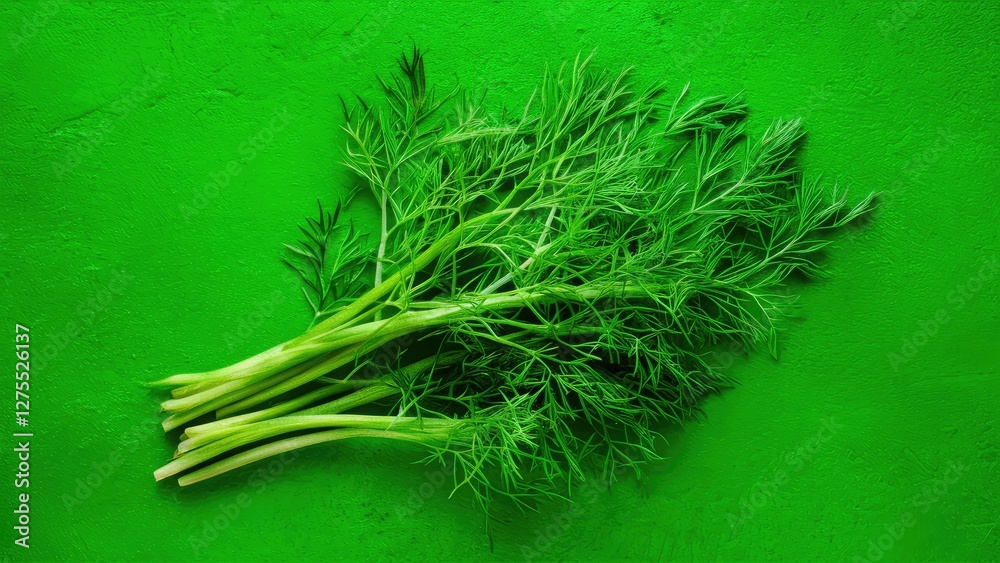 Vibrant green dill resting diagonally on a lush green textured background symbolizing freshness and healthy culinary choices Vibrant green dill resting diagonally on a lush green textured background symbolizing freshness and healthy culinary choices