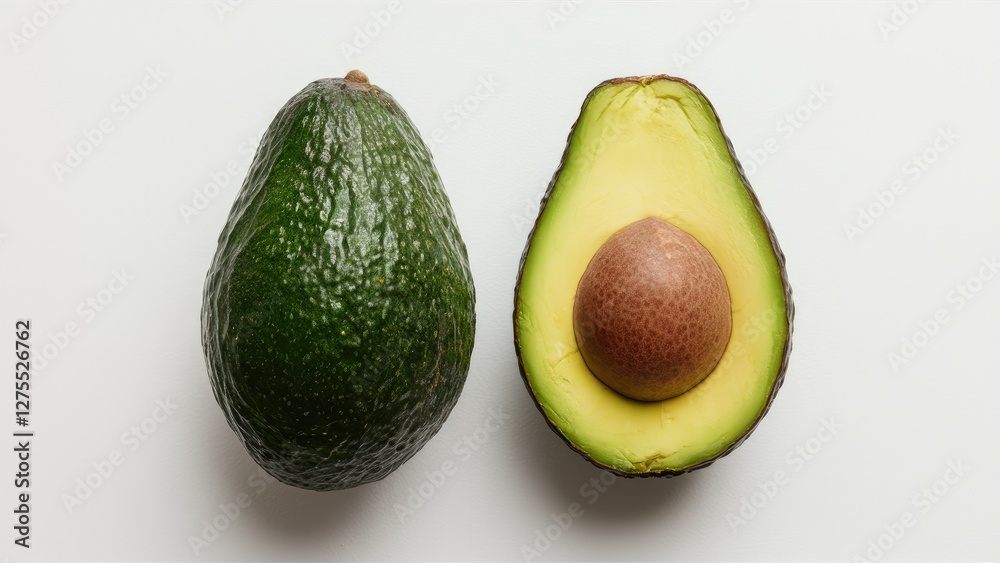 Ripe green avocado whole and halved displaying creamy bright yellow flesh and brown seed on a clean white background for healthy eating concept Ripe green avocado whole and halved displaying creamy bright yellow flesh and brown seed on a clean white background for healthy eating concept