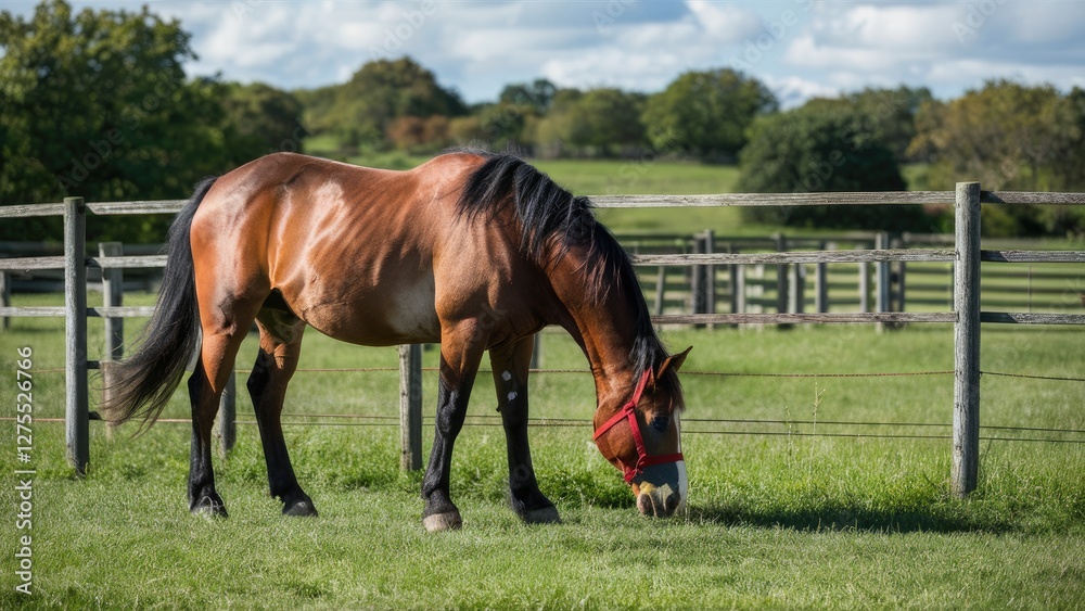 Horse grazing peacefully in a lush green pasture, brown coat glistening under sunlight, rustic wooden fence framing a serene rural landscape. Horse grazing peacefully in a lush green pasture, brown coat glistening under sunlight, rustic wooden fence framing a serene rural landscape.