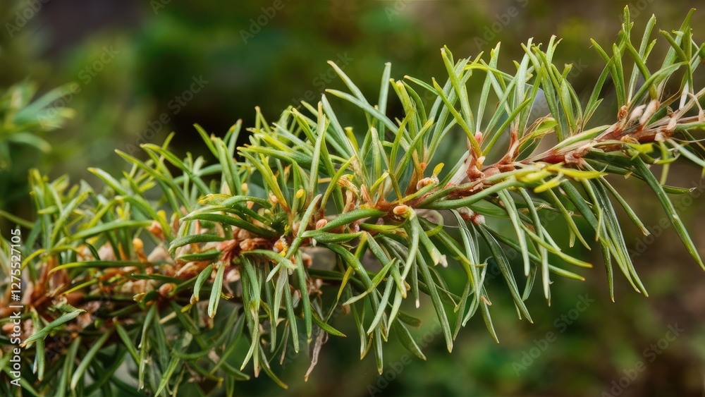 Cedar tree branch with green needle-like leaves and small brown seed cones against a blurred green background showcasing nature's detail and texture. Cedar tree branch with green needle-like leaves and small brown seed cones against a blurred green background showcasing nature's detail and texture.