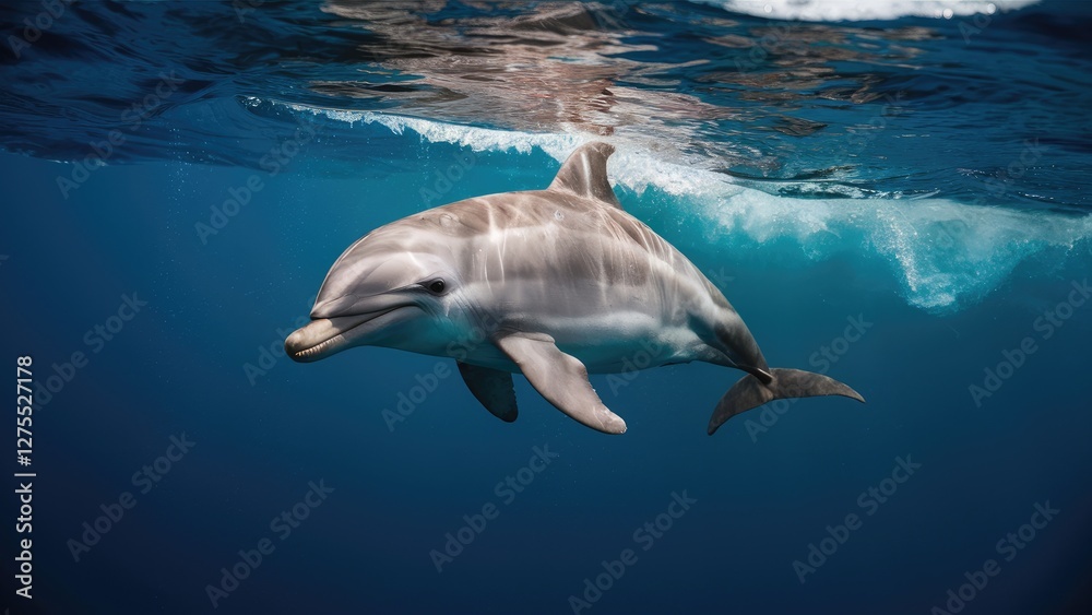 Fototapeta premium Dolphin swimming gracefully just below the water's surface in clear blue waters with gentle waves reflected above in bright sunlight