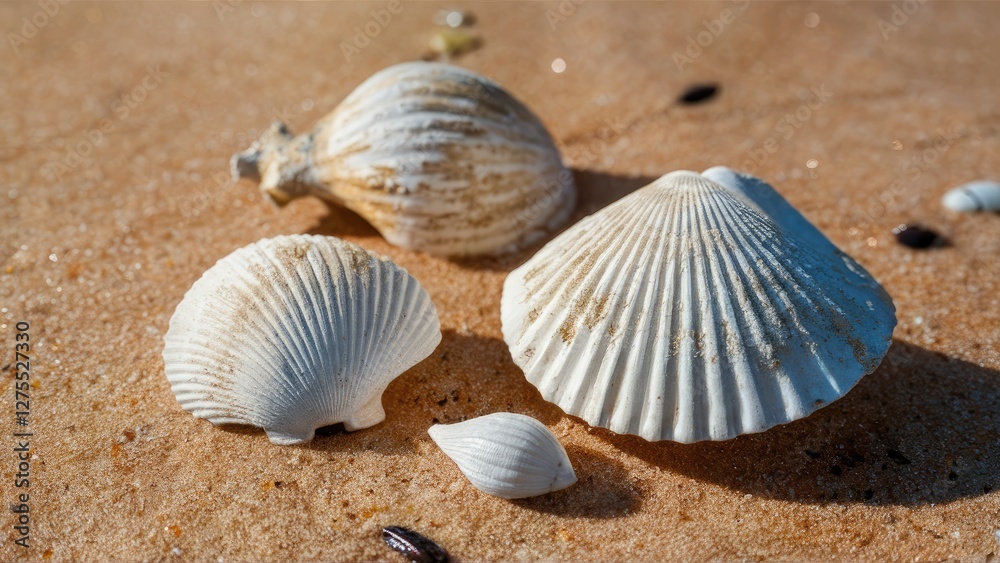 Seashells of various shapes and sizes resting on a golden sandy beach with a soft-focus background showcasing glistening sand textures Seashells of various shapes and sizes resting on a golden sandy beach with a soft-focus background showcasing glistening sand textures