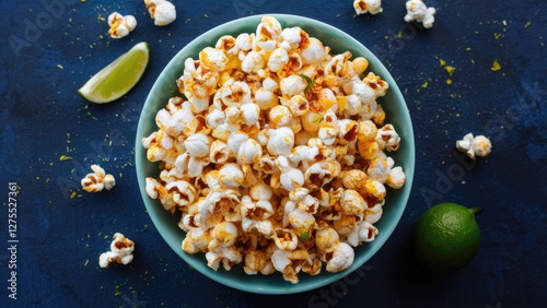 Bowl of popcorn with chili and lime seasoning in a teal bowl centered on a dark blue surface with lime wedge and green lime scattered around
