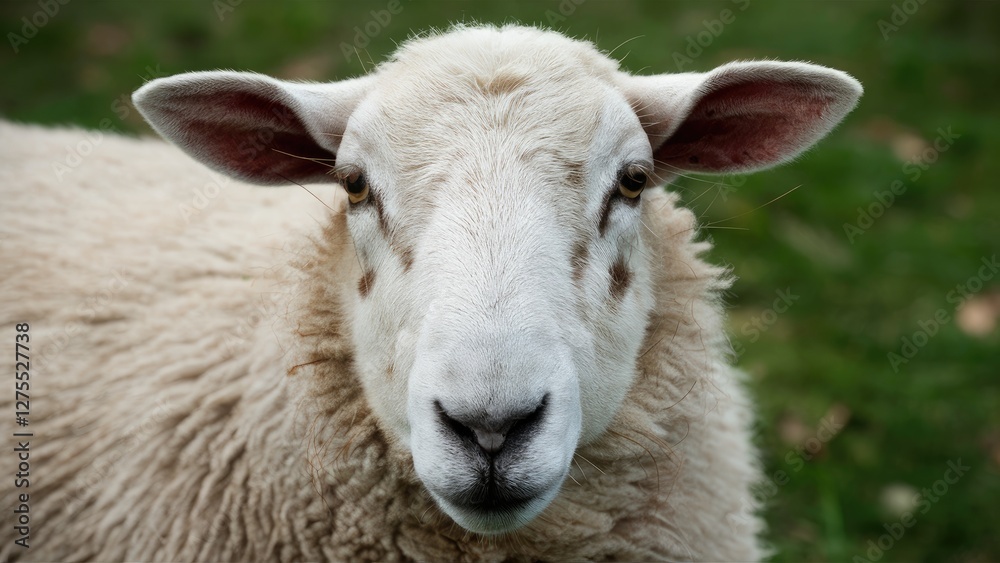 Closeup of a sheep's face featuring soft white wool and prominent ears against a green background, showcasing intricate facial details and textures. Closeup of a sheep's face featuring soft white wool and prominent ears against a green background, showcasing intricate facial details and textures.