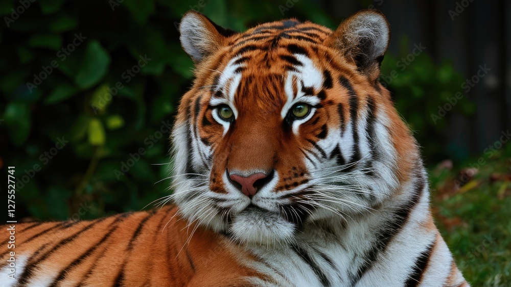 Majestic adult tiger with vivid orange and black stripes set against a lush green background, showcasing sharp eyes and strong facial features. Majestic adult tiger with vivid orange and black stripes set against a lush green background, showcasing sharp eyes and strong facial features.