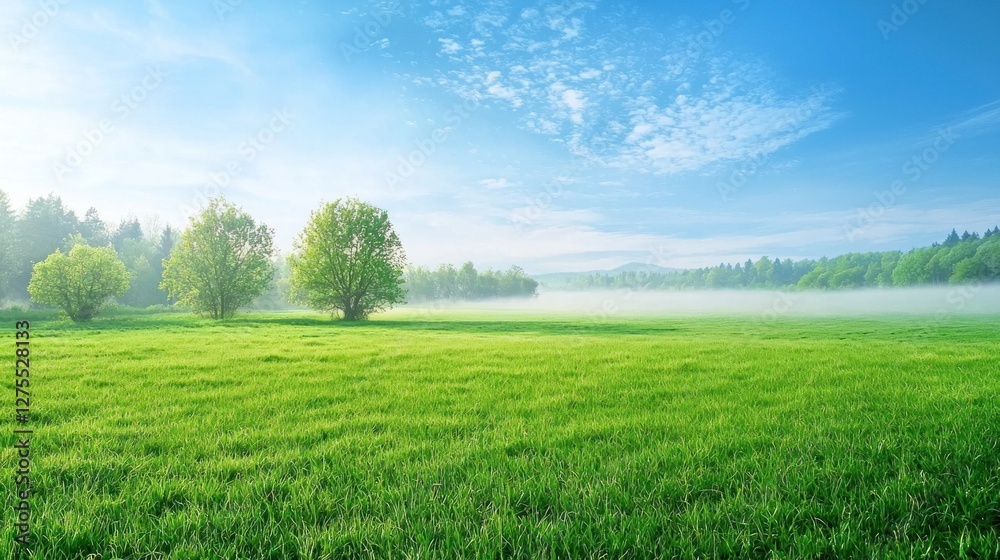 Serene Misty Meadow Landscape: Picturesque Spring Morning in a Lush Green Field Serene Misty Meadow Landscape: Picturesque Spring Morning in a Lush Green Field