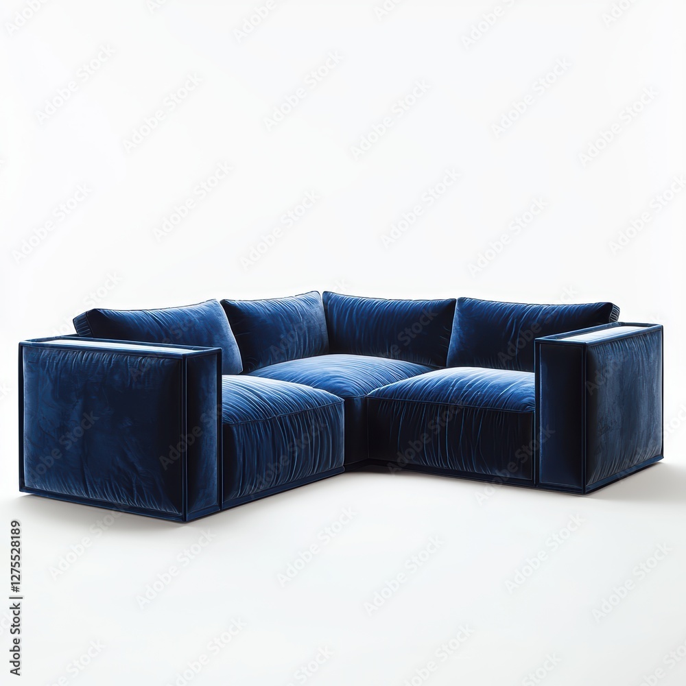 Obraz premium Striking blue velvet corner couch with sleek L-shaped form isolated on white