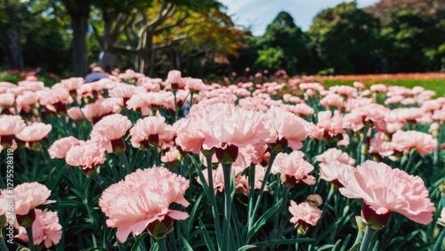 Fototapeta Naklejka Na Ścianę i Meble -  Pink carnations in bloom in a lush green park, with a blurred background of additional flowers and trees under a bright blue sky.