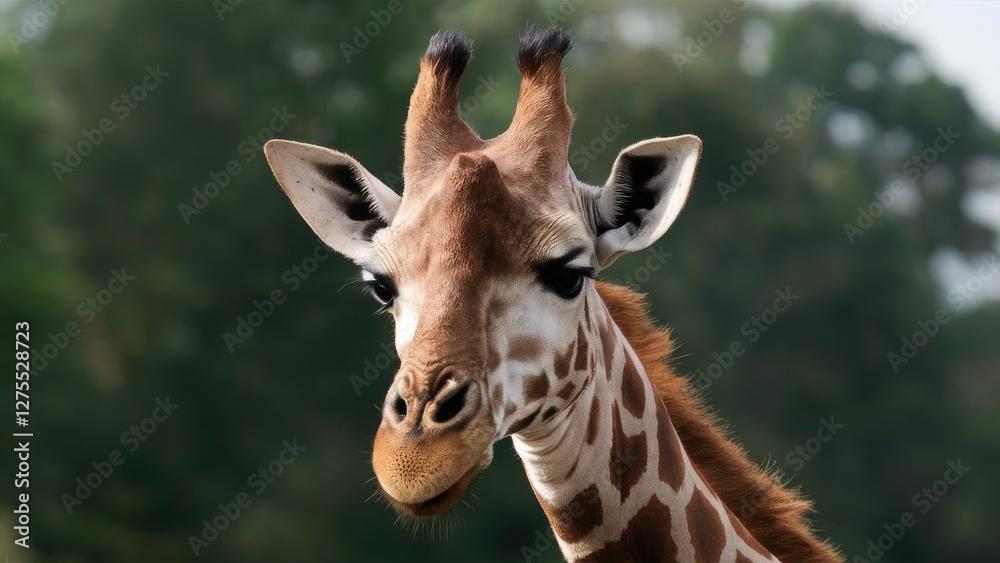 Close-up of a Giraffe's head with prominent ossicones and distinct coat pattern, set against a blurred green natural background. Close-up of a Giraffe's head with prominent ossicones and distinct coat pattern, set against a blurred green natural background.